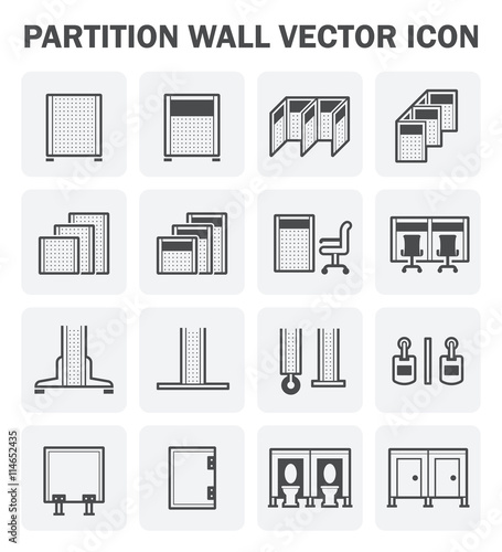 Partition icon. Also called room divider, wall panel, sanitary, portable and cubicle partition. Used for separate or divide interior space and room i.e. office, toilet, bathroom and exhibition.