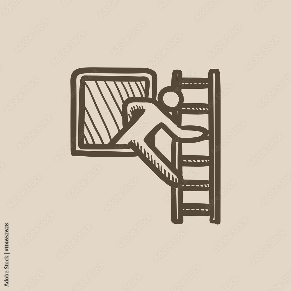 Man leaving building through window sketch icon. Man leaving building through window sketch icon.