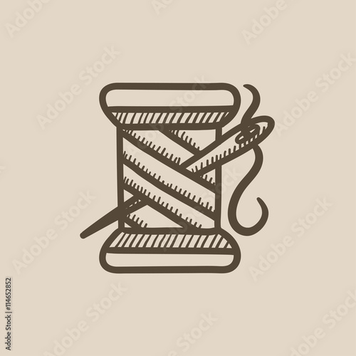 Spool of thread and needle sketch icon.