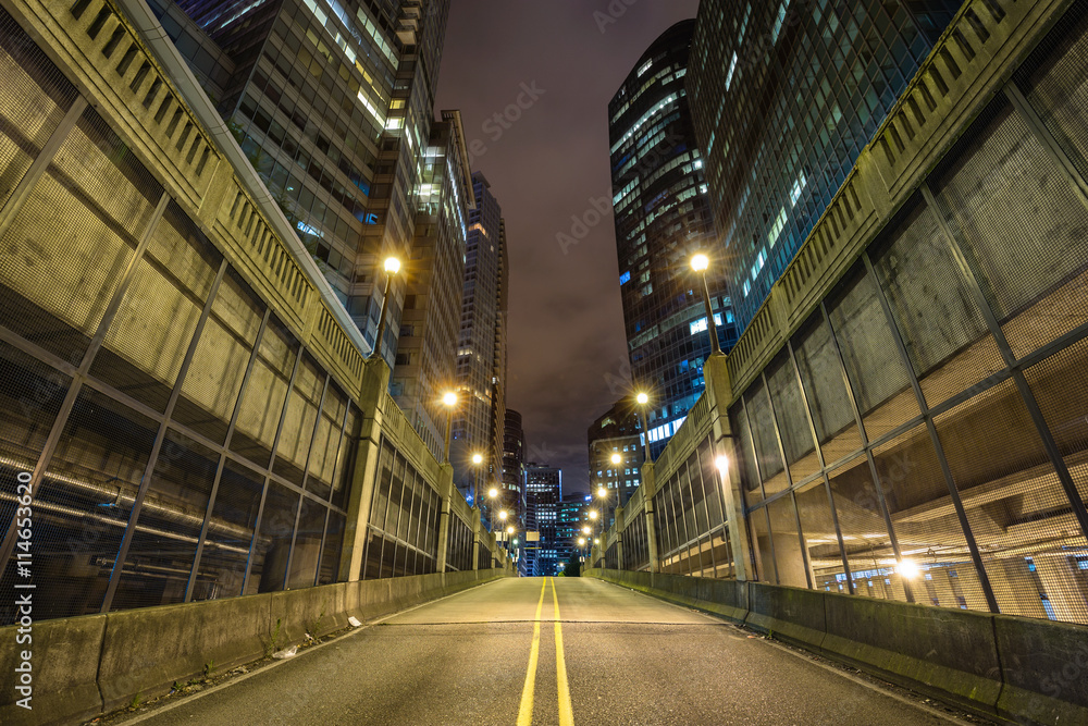 Urban City at Night. Taken during a cloudy night in Downtown Vancouver underground parking lot.