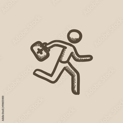 Paramedic running with first aid kit sketch icon.