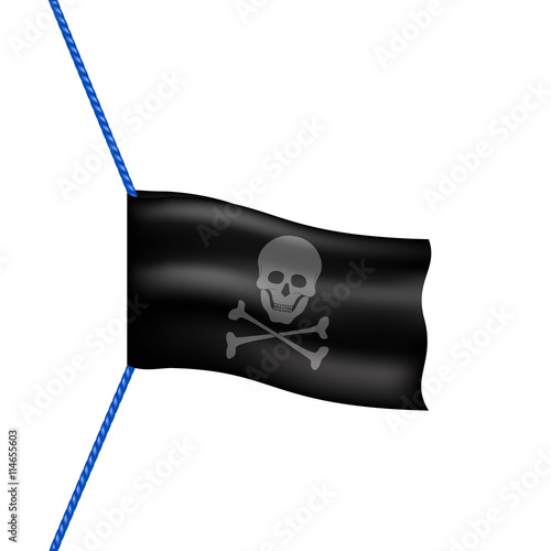Pirate flag with skull symbol hanging on blue rope