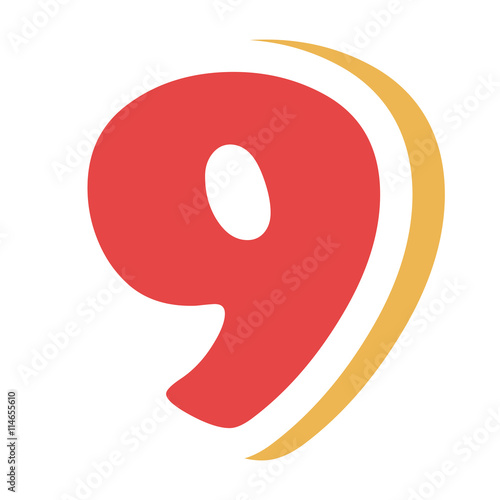 red colorful nine number with yellow color on the right side front view over isolated background, school concept,vector illustration 