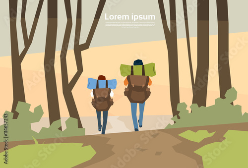 Traveler Couple Hikers With Rucksack Rear View Nature Background