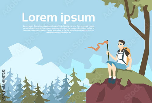 Traveler Sit On Hill Hiker With Rucksack Nature Mountain Background