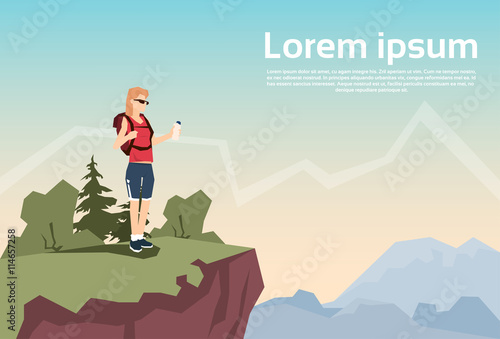 Traveler Woman Stand On Hill Hiker Rucksack Nature Mountain Background