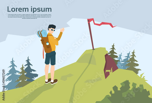 Traveler On Hill Hiker With Rucksack Mountain Background