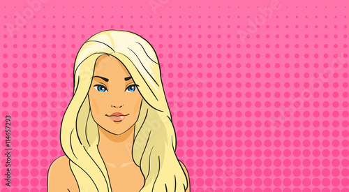 Pretty Blonde Woman Pop Art Colorful Retro Style Banner Copy Space