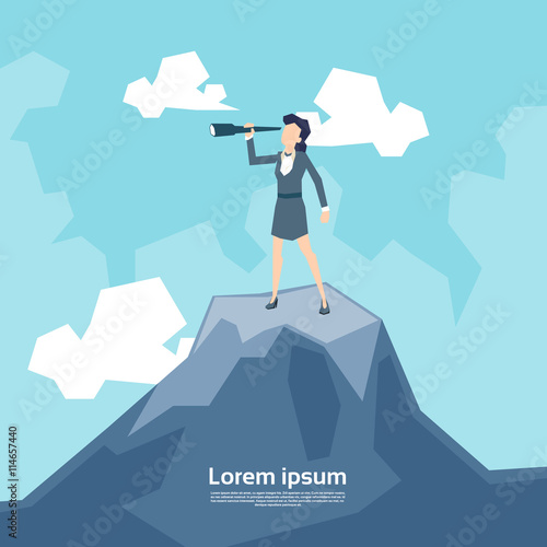 Business Woman Looking Through Telescope Standing on Top Mountain