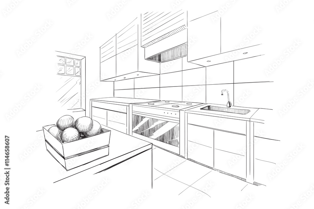 Interior sketch of modern kitchen with island. Stock Vector | Adobe Stock