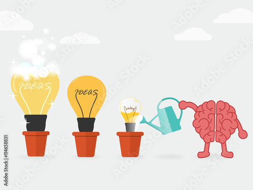 brain activity watering powerful ideas growing bigger in pots. vision business increase and growth mindset