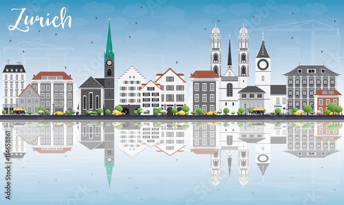 Zurich Skyline with Gray Buildings, Blue Sky and Reflections.
