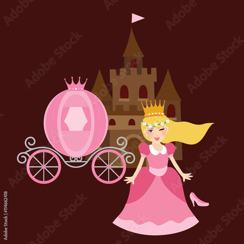 princess cinderela with shoes carriage and castle behind