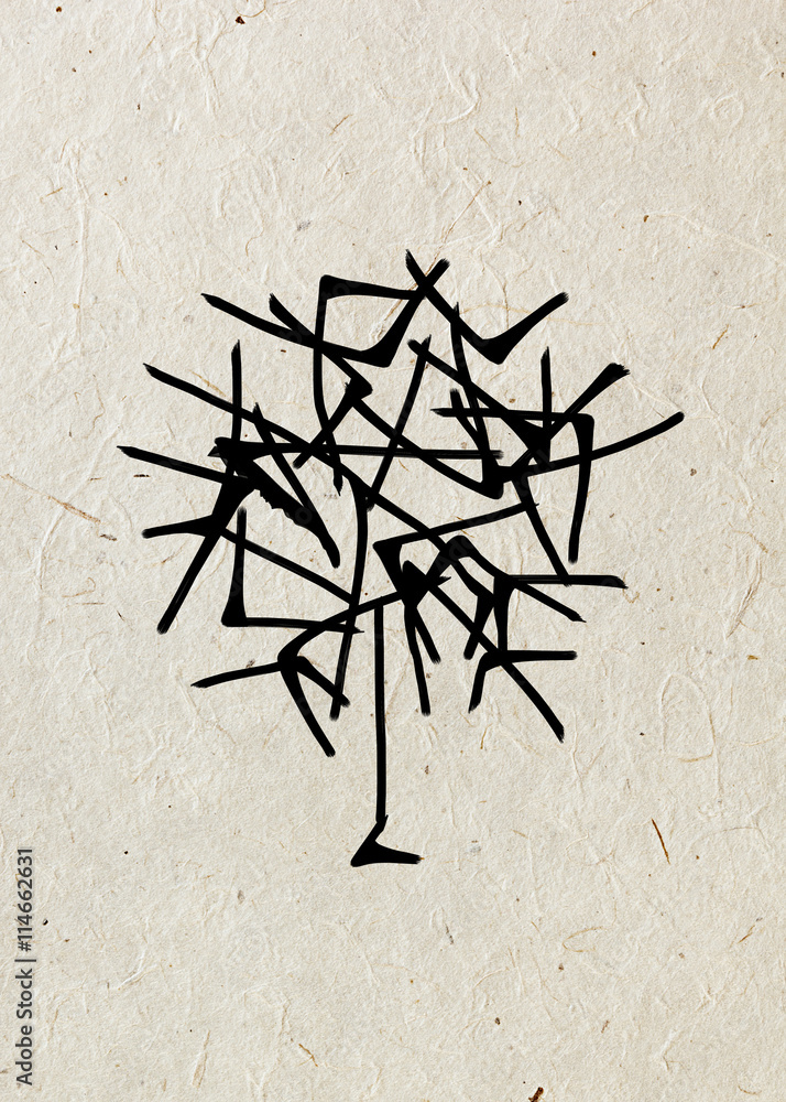 Fototapeta premium Drawing abstract tree on a beige rice paper. Black silhouette on a beige rice paper. Picture In the style of Chinese painting sumi-e. Graphic arts.