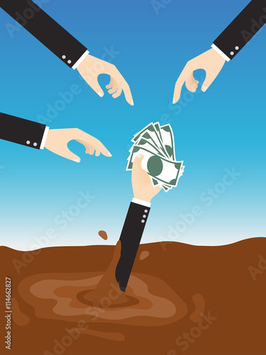 businessman holding money sinking in quicksand need help with rescue hand