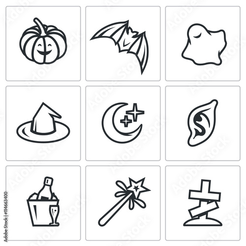 Vector Set of Halloween Icons. Pumpkin, bat, ghost, witch, night, vampire, party, magic, cemetery.