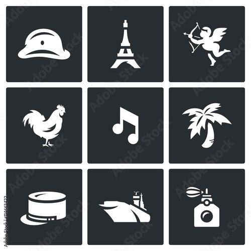 Vector Set of France Icons. Army, Paris, Eiffel Tower, Romantic, Rooster, Music, Legion, Aircraft Carrier, Perfume.