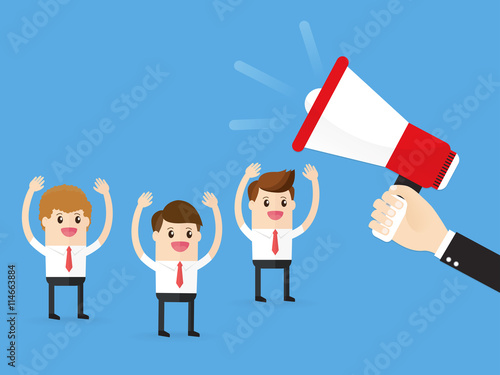 manager or boss using megaphone loudspeaker announce good news with colleagues business people