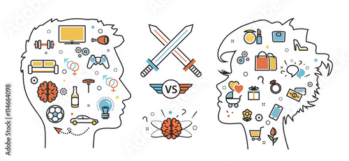 Flat line design concept of thought opposition woman favorite interests versus man favorite interests, dream, idea, desire, wish, habits. Men vs women. Website blog banner, infographic elements