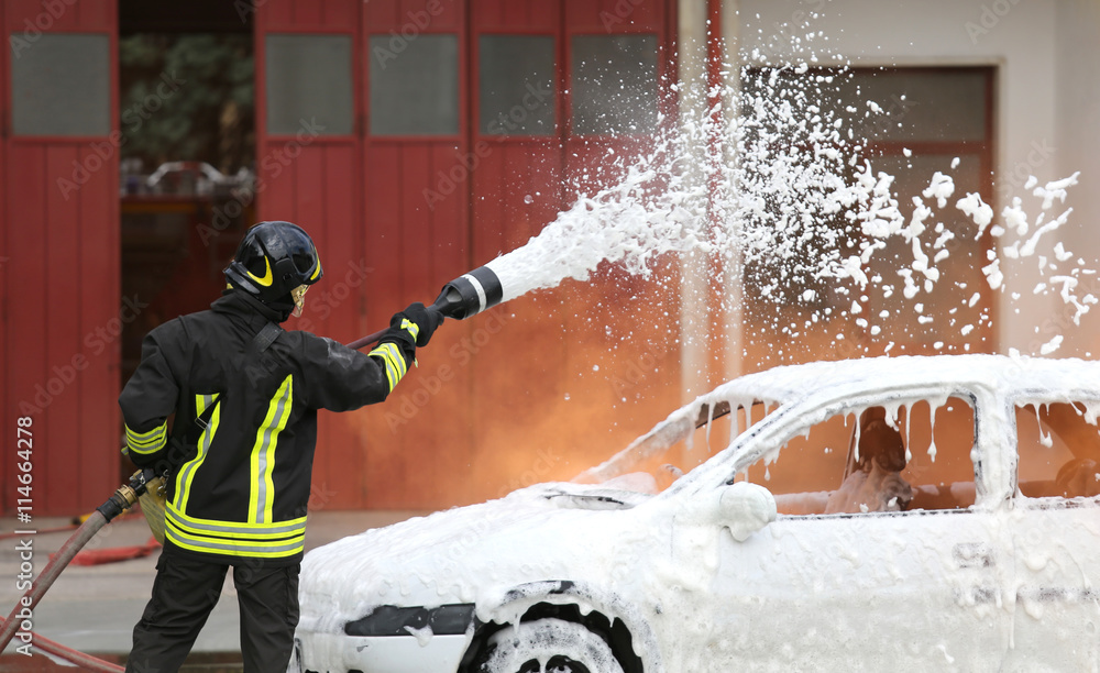 Fototapeta premium firefighters during exercise to extinguish a fire in a car