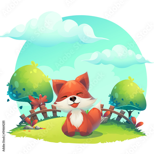 Fox in the grass - a children's cartoon illustration