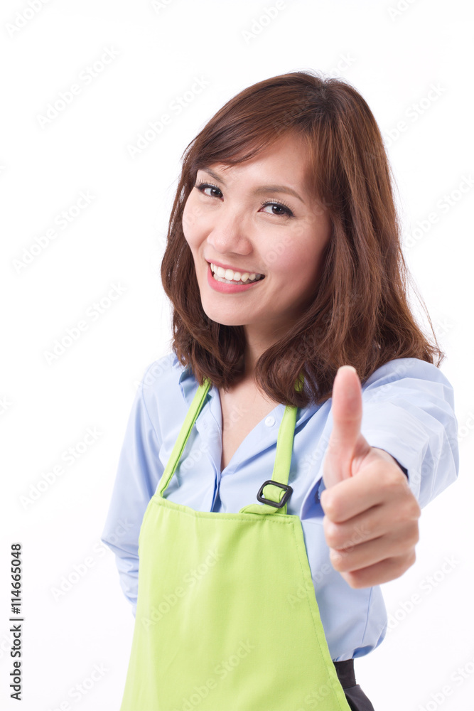 woman with apron showing thumb up hand gesture, studio isolated woman with apron showing thumb up hand gesture, studio isolated