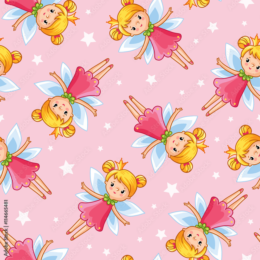 Vector seamless illustration of a young cute little fairy. Wallpaper fairy  on a pink background with stars. Stock Vector | Adobe Stock
