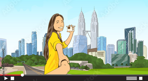 Asian Girl Video Blogger Stream Camera Modern City Cityscape Background