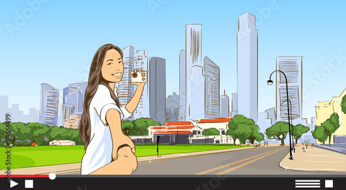 Asian Girl Video Blogger Stream Camera Modern City Cityscape Background