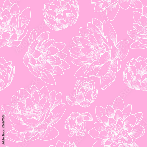 Water lily on a pink  background.Vector seamless pattern 