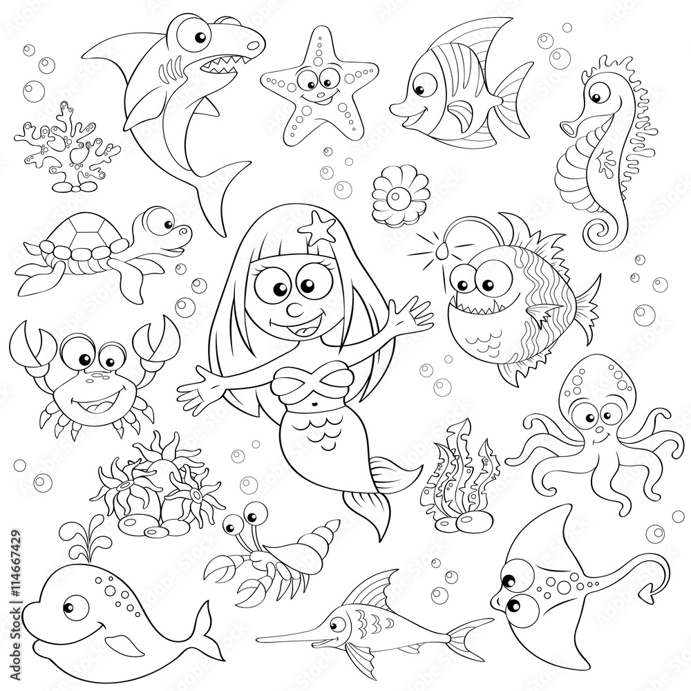 Big set of cute cartoon sea animals and mermaid. Black and white vector  illustration for coloring book Stock Vector | Adobe Stock