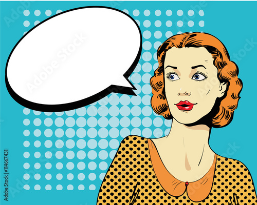 Woman with speech bubble. Vector illustration in comics retro pop art style