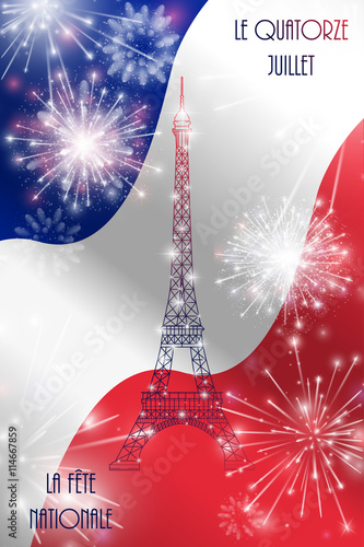 Vector illustration, card, banner or poster for the French National Day, Bastille Day. The inscription in French, English translation Fourteenth of July, National Day