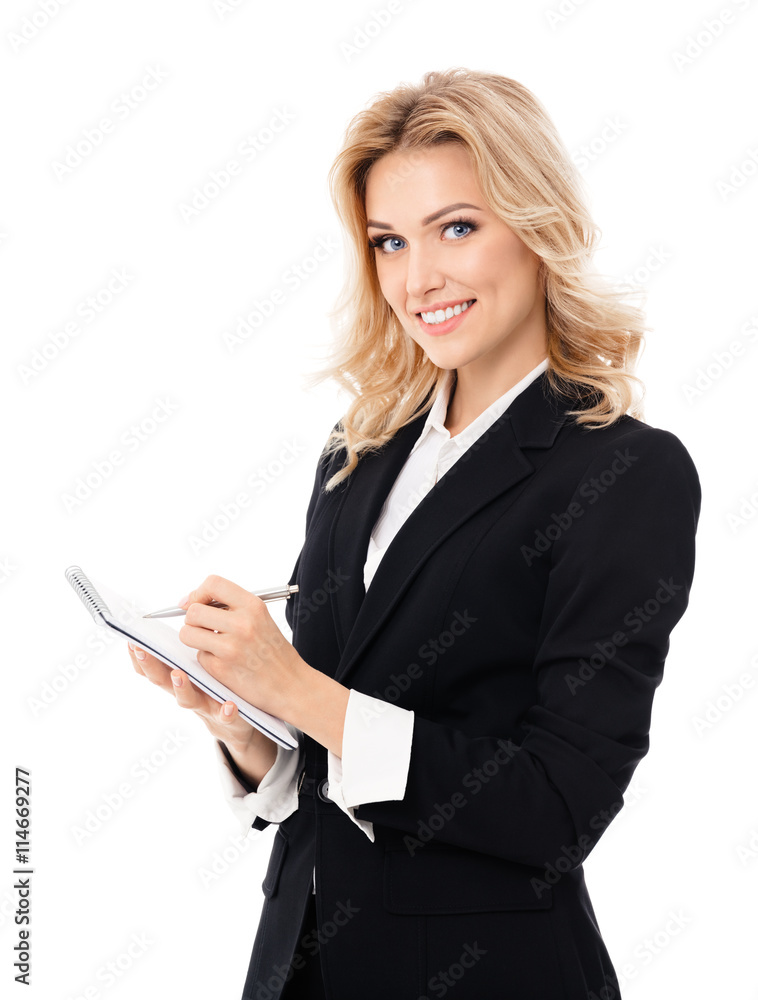 businesswoman with clipboard writing, isolated businesswoman with clipboard writing, isolated