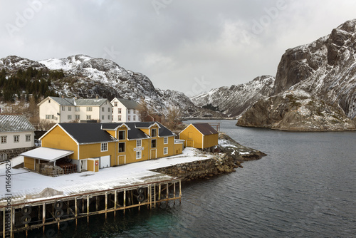 Nusfjord fishing harbor in the winter time on the Lofoten Island