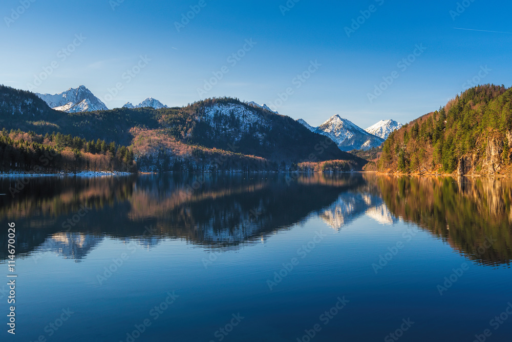Panoramic view of scenic idyllic winter landscape in the Bavarian Alps