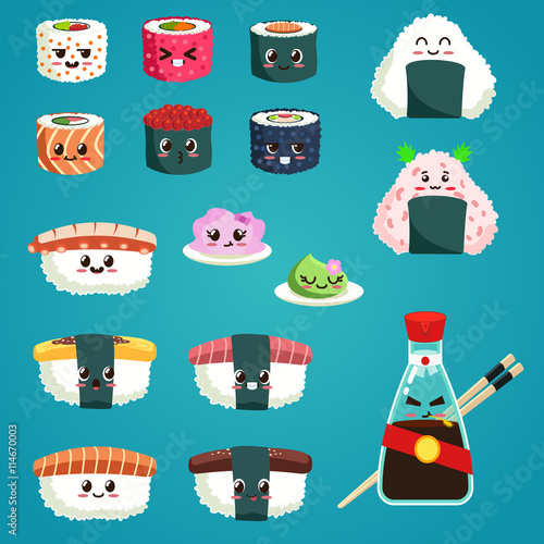 Fun sushi and sashimi. Japanese Food with cute faces, happy. Vector illustration set