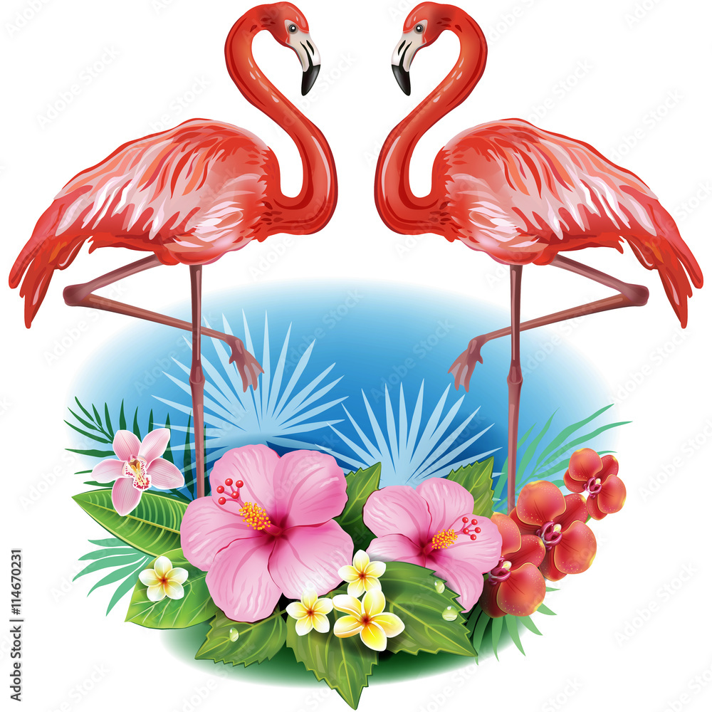 Naklejka premium Arrangement from tropical flowers and Flamingoes