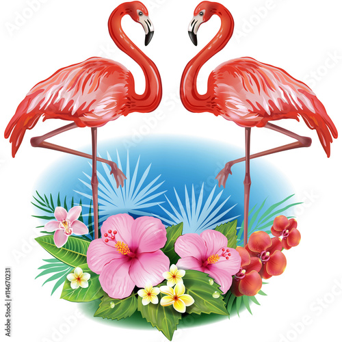 Arrangement from tropical flowers and Flamingoes © Viktoriia Protsak