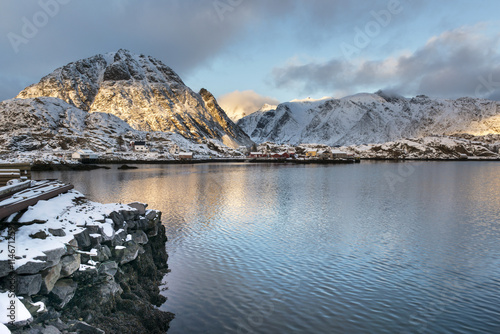 Sundown over Lofoten islands during winter time