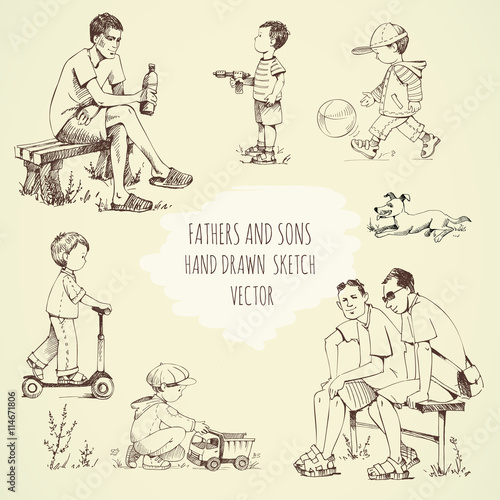 Dad, stroll with children. Fathers and sons, dad's and kid's. Games in the open air. Hand drawn vector sketch