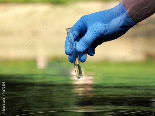 Hand in glove holding a test tube of clear water photo