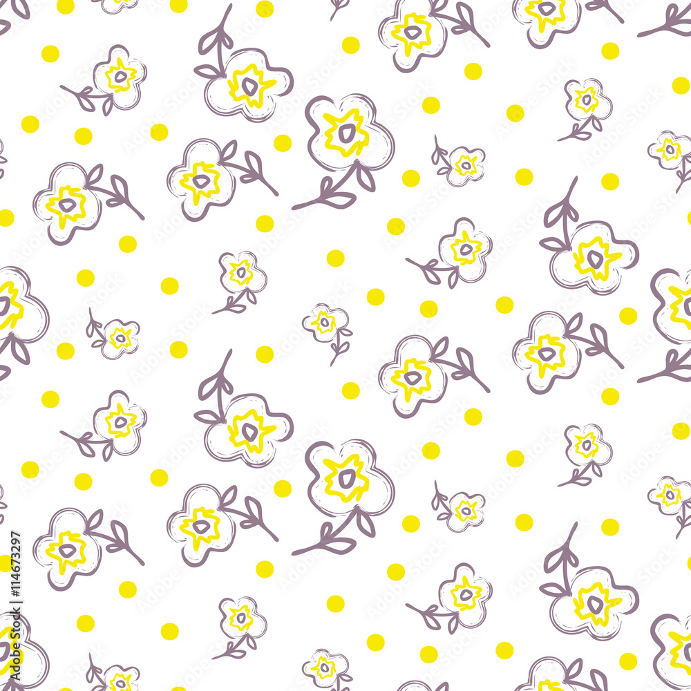 Brush stroke seamless yellow flowers vector seamless pattern. Rough white and violet background with yellow spots. Brush stroke seamless yellow flowers vector seamless pattern. Rough white and violet background with yellow spots.