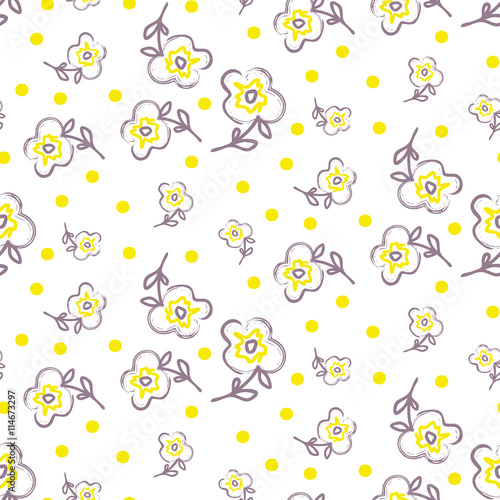 Brush stroke seamless yellow flowers vector seamless pattern. Rough white and violet background with yellow spots.