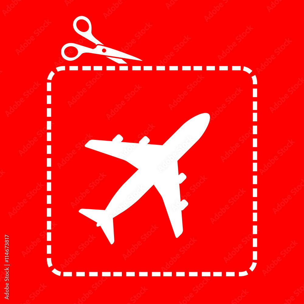 Icono plano tijeras cortando cupón con avión en fondo rojo