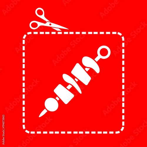 Icono plano tijeras cortando cupón con brocheta en fondo rojo