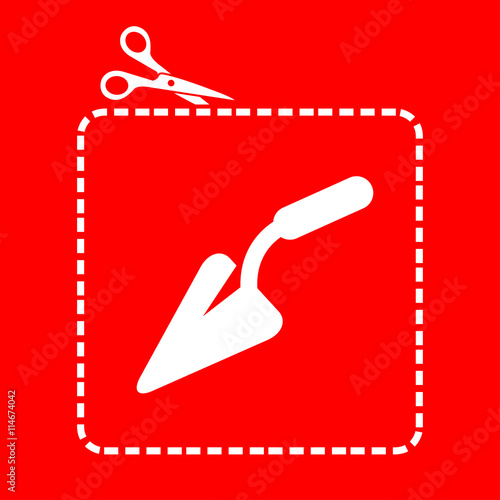 Icono plano tijeras cortando cupón con paleta de albañil en fondo rojo