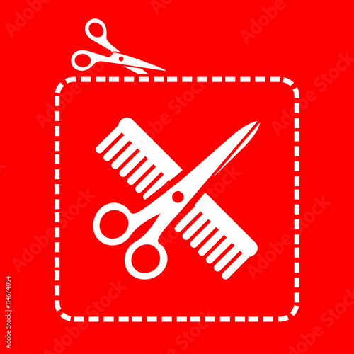 Icono plano tijeras cortando cupón con peluqueria en fondo rojo