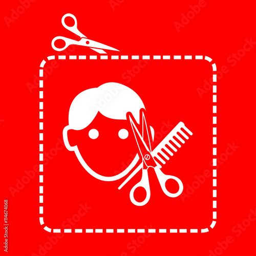 Icono plano tijeras cortando cupón con peluqueria hombre en fondo rojo