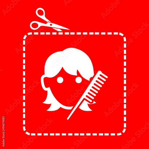 Icono plano tijeras cortando cupón con peluqueria mujer en fondo rojo